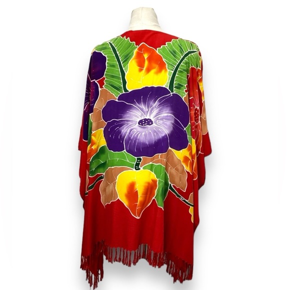Club West Women’s Floral Boxy Kimono Poncho Beach Dress Coverup, Red, OS - Picture 2 of 11